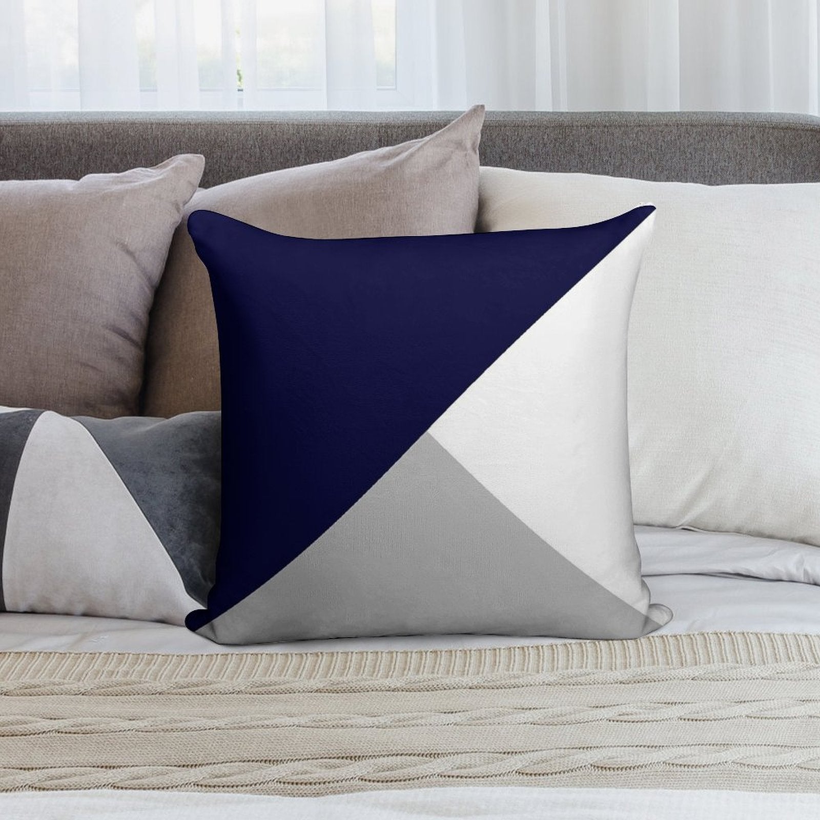 Tricolor Navy Blue Silver Gray And White Soft Short Plush Fabric Throw Pillow