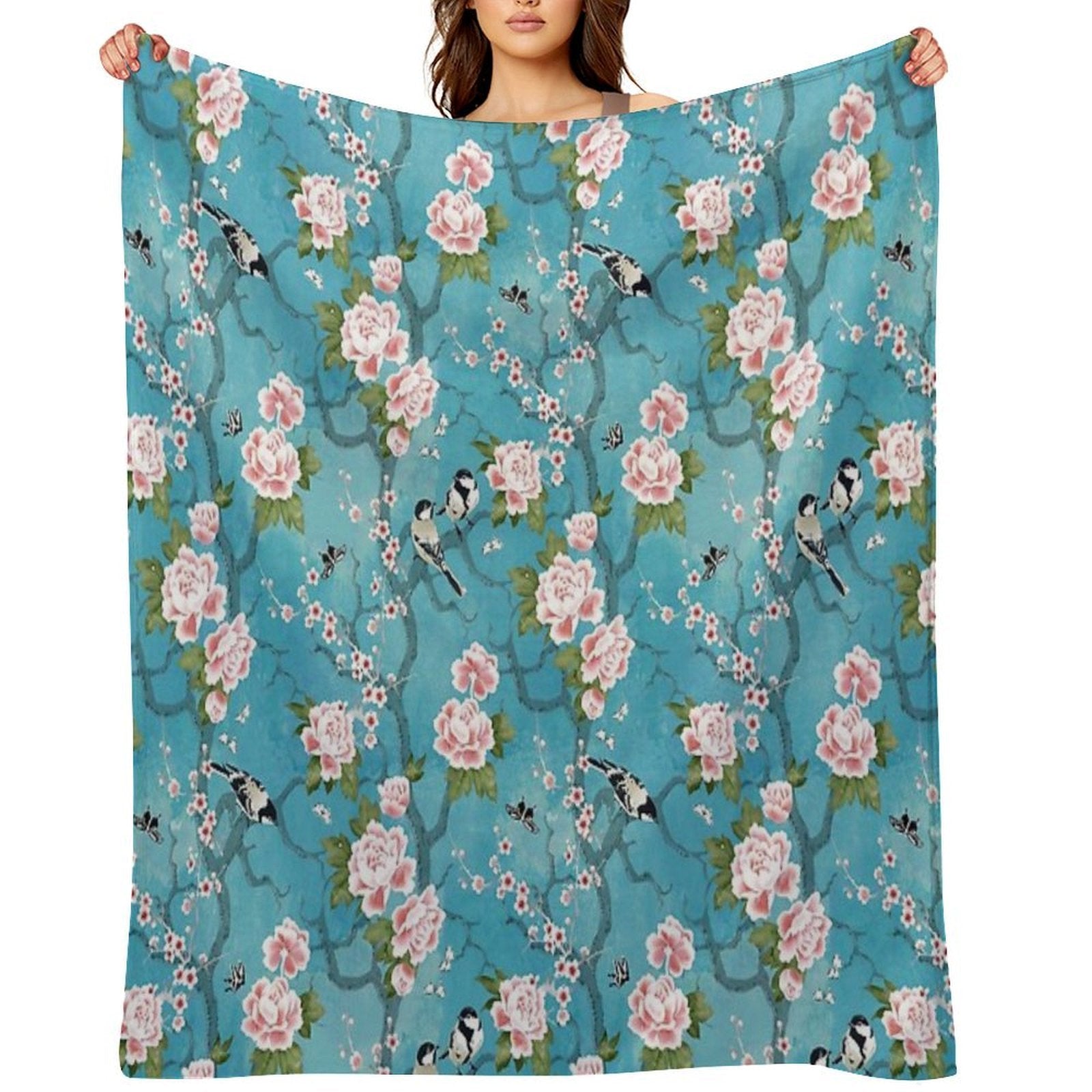 Chinoiserie Birds in Turquoise Blue Eco-conscious Throw Blanket