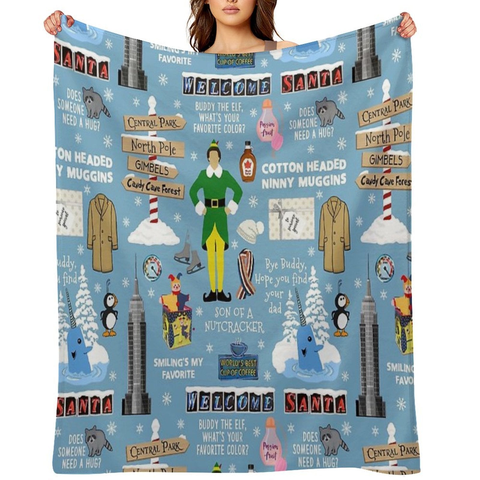 Buddy The Elf Collage, Blue Background Premium Throw Blanket