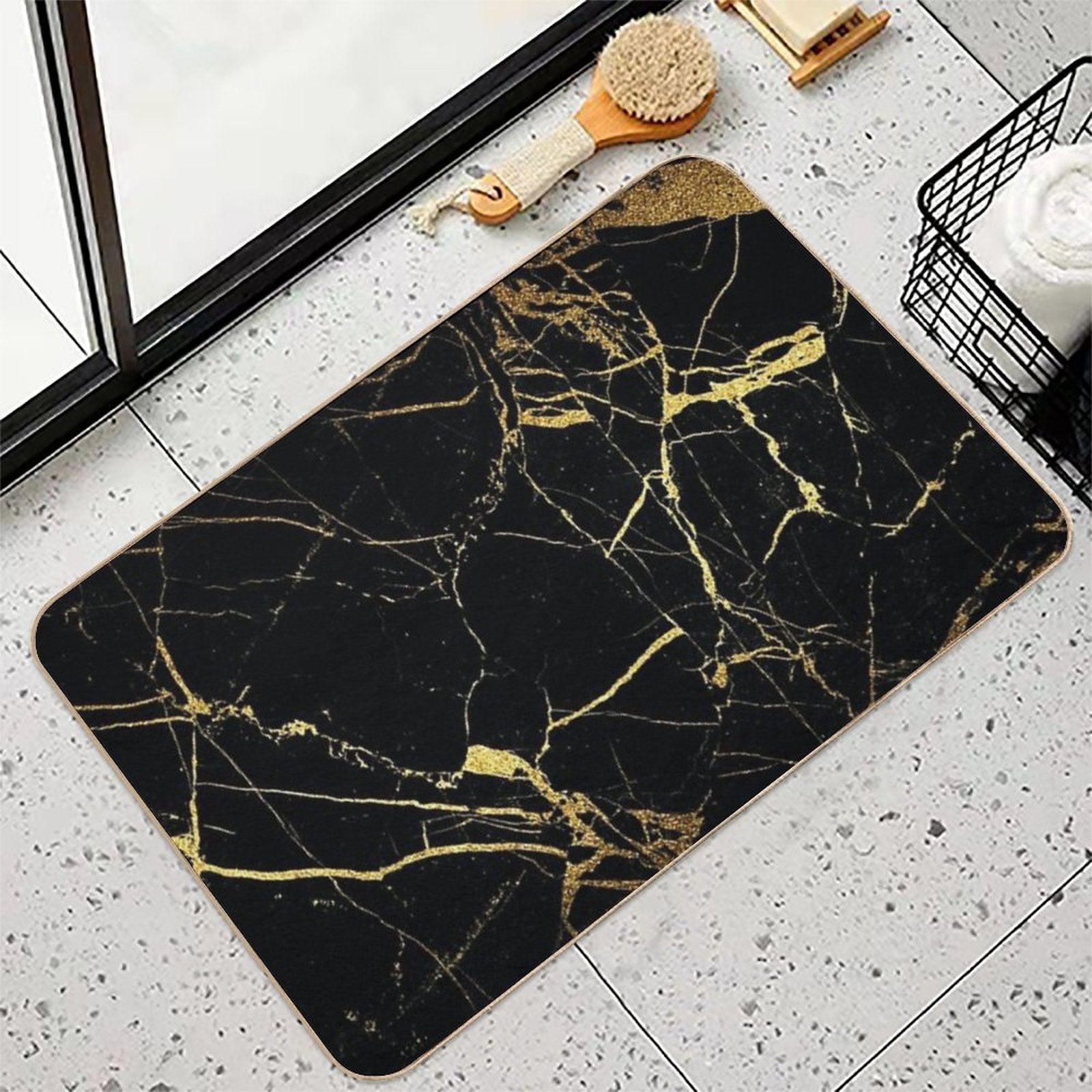Black Gold Marble  Repositionable Bath Mat