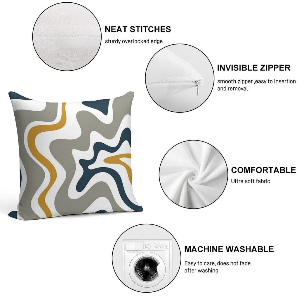 Liquid Swirl Contemporary Abstract in Mustard Yellow, Navy Blue, Grey, And White Soft Reinforced Edging Throw Pillow