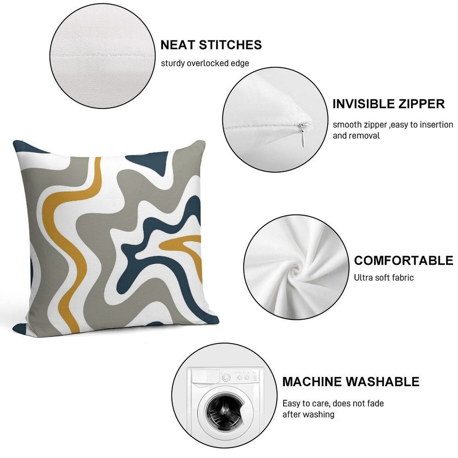 Liquid Swirl Contemporary Abstract in Mustard Yellow, Navy Blue, Grey, And White Soft Reinforced Edging Throw Pillow