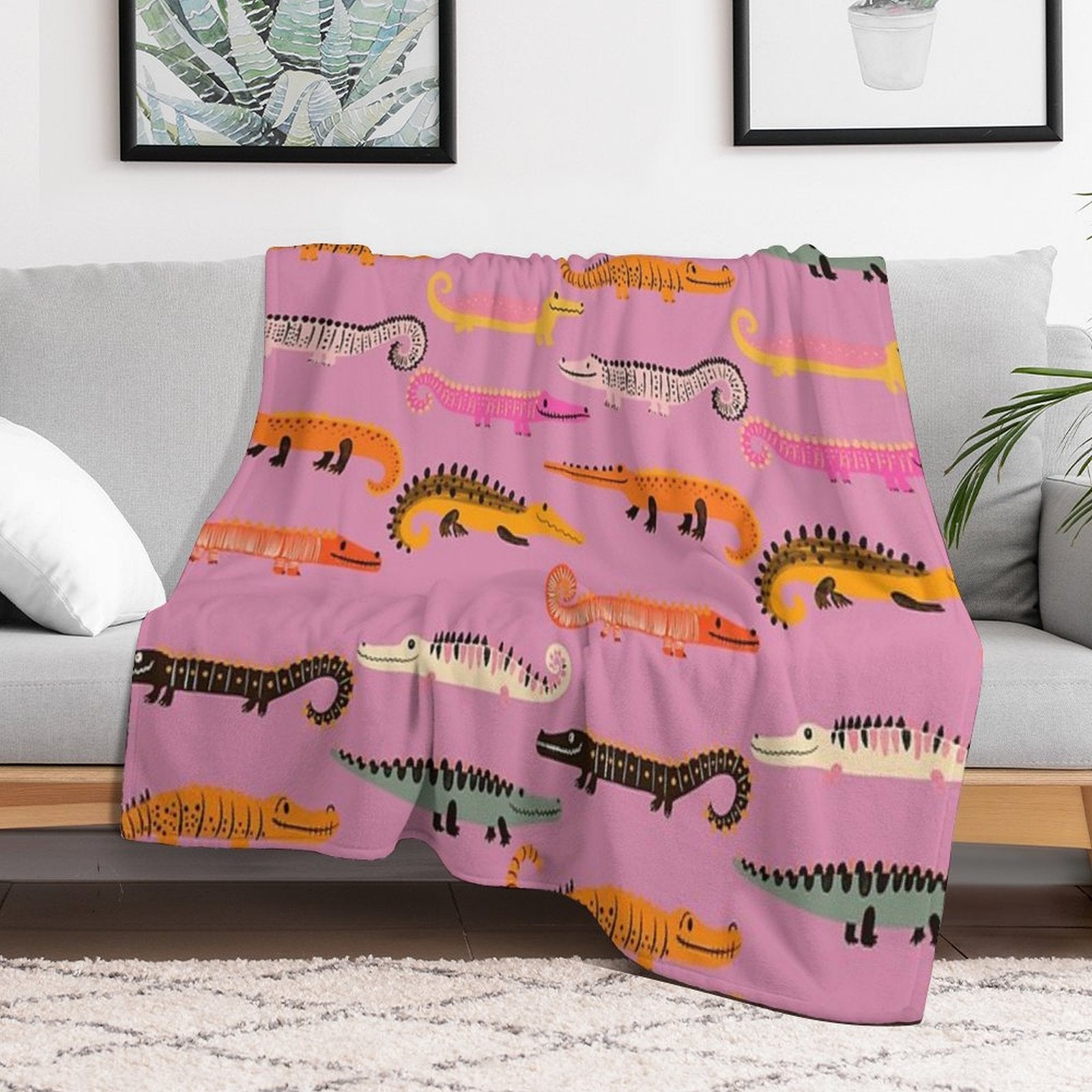 Alligator Crocodile on Pink Multi-functional Throw Blanket