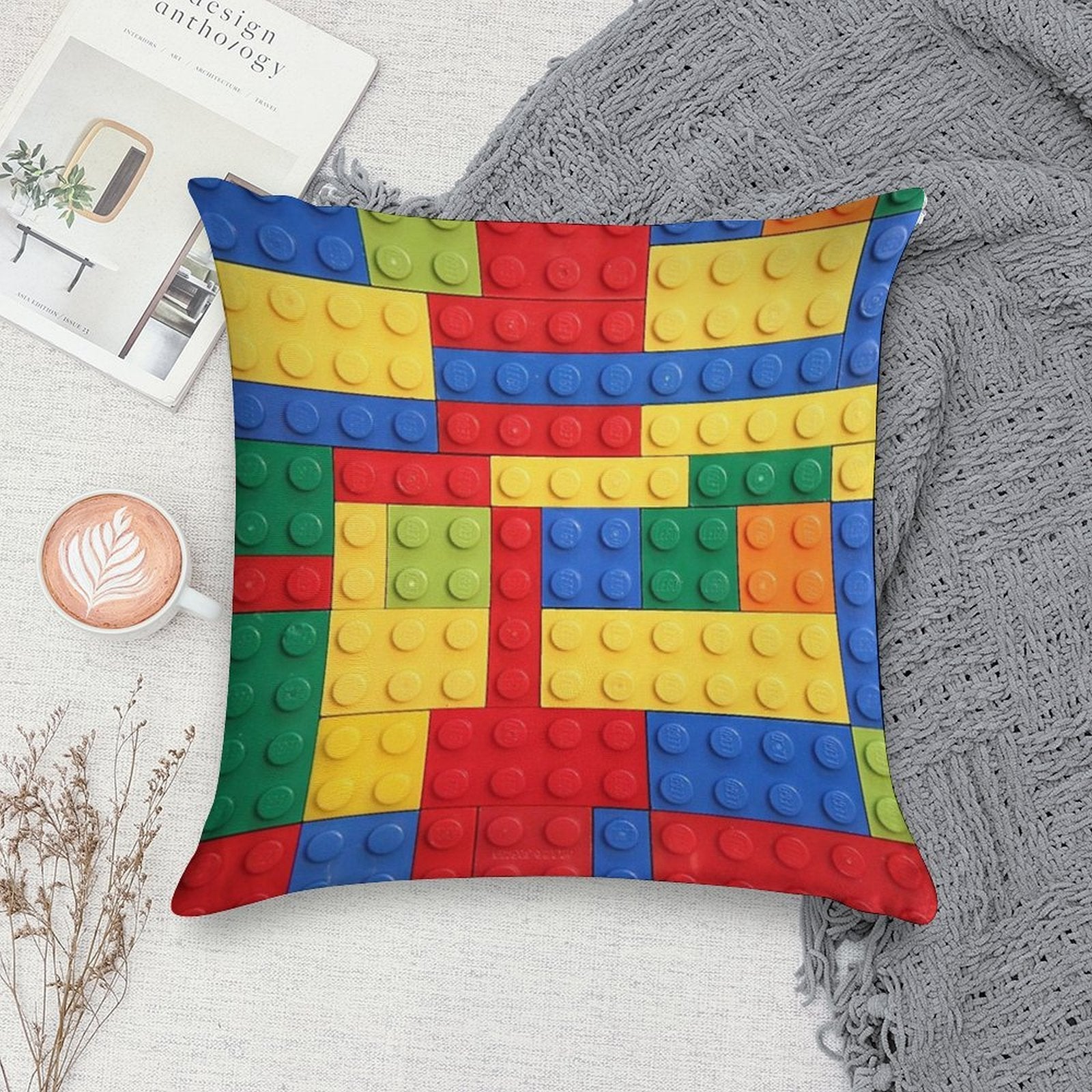 Colorful Bricks Design Soft Short Plush Fabric Throw Pillow