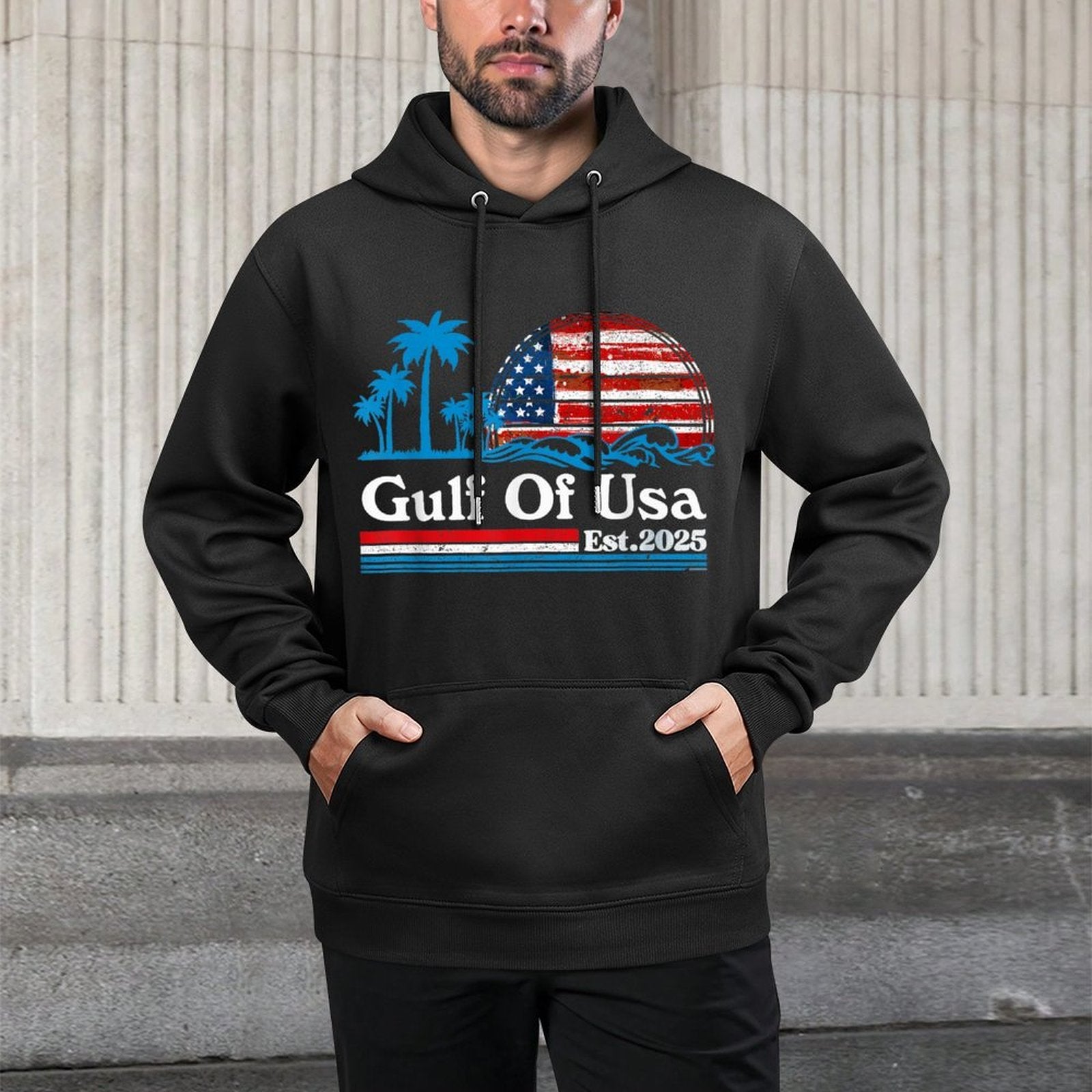 Retro Gulf Of USA America Est 2025 American 4th of July Kangaroo Pocket Hoodie