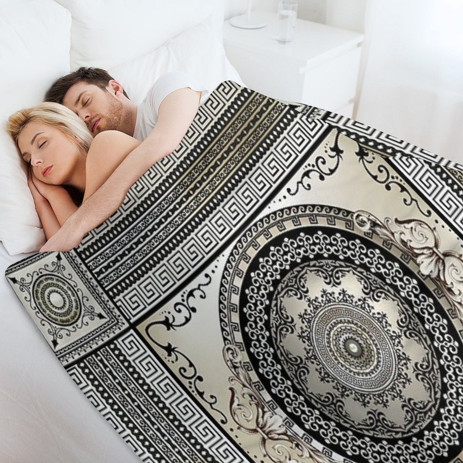 Greek Key Large Meander Cream Black Medallion Lightweight Throw Blanket