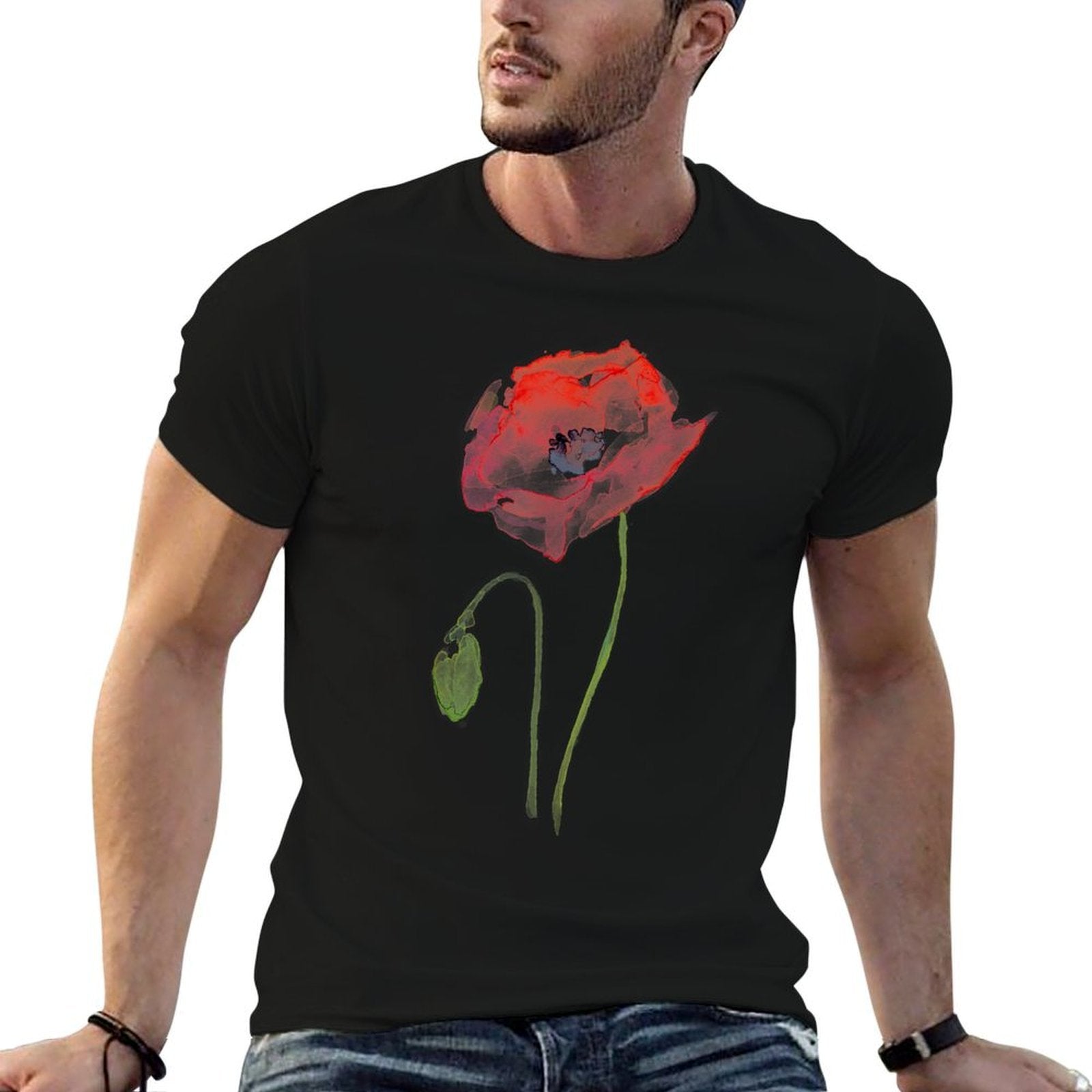 Red Poppy Watercolor Floral T-shirt  Tagless Design T-Shirt