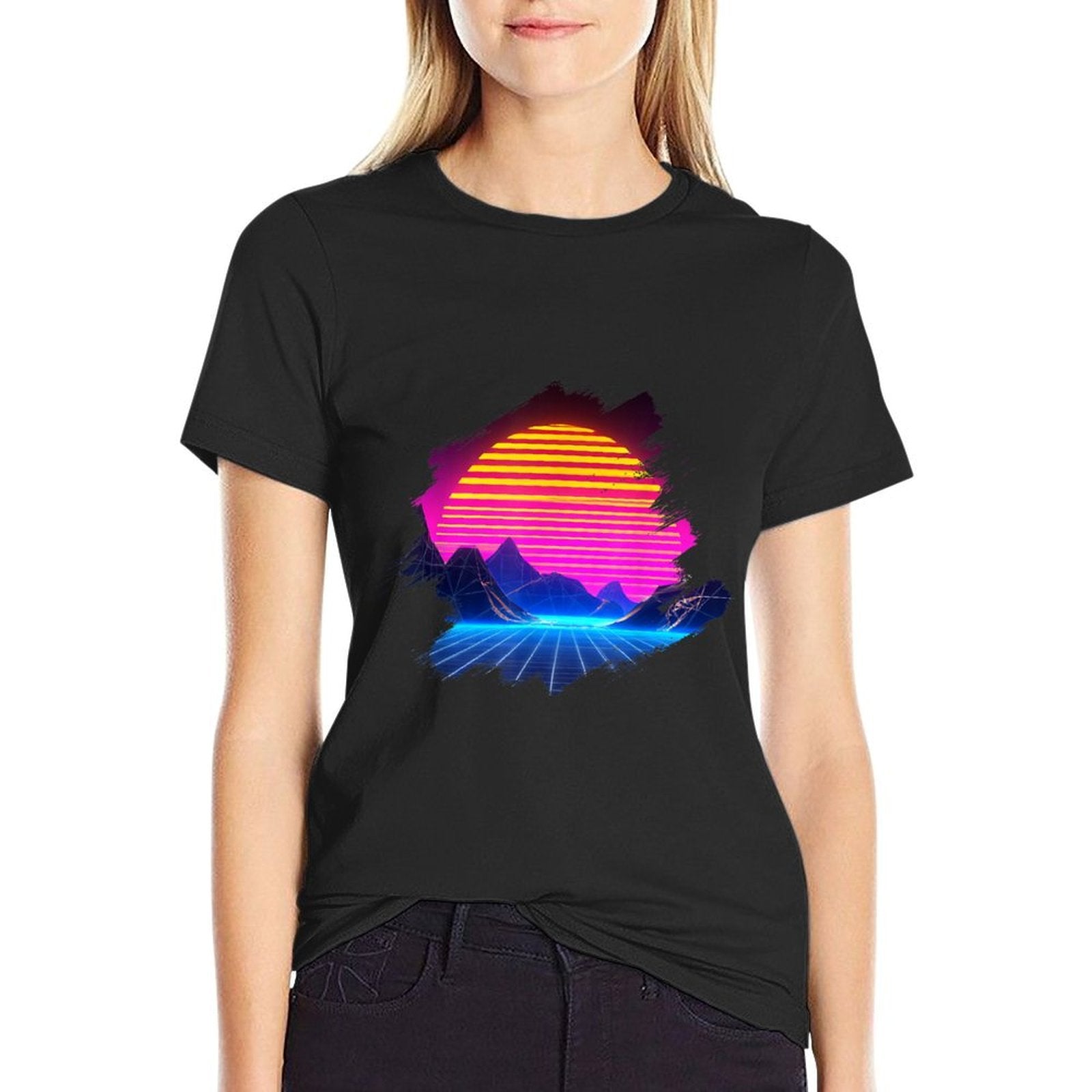 Sunset Over Canyon And Grid Mountains Landscape Synthwave  High-quality Stitching T-Shirt