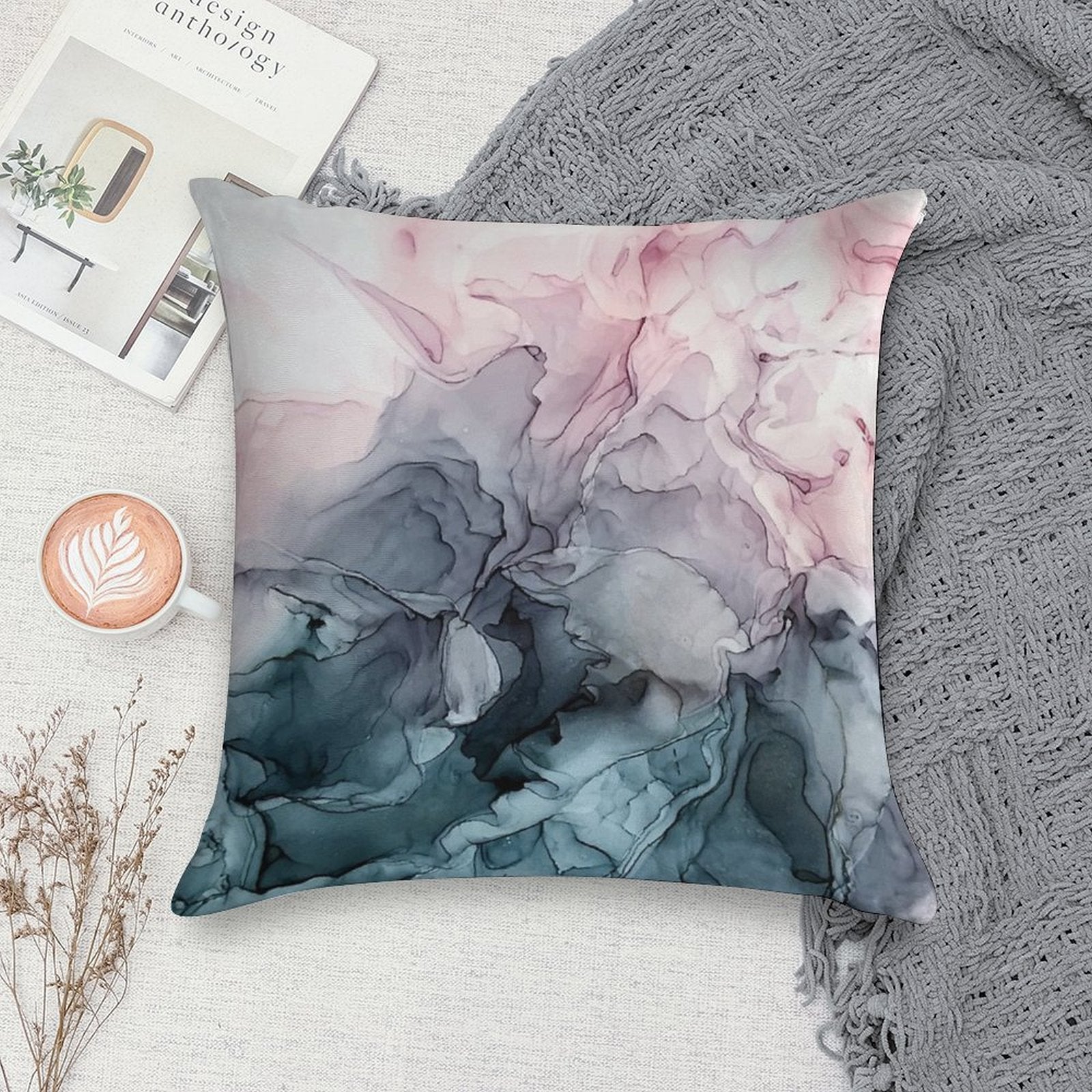 Blush And Payne's Grey Flowing Abstract Painting Soft Hidden Zipper Throw Pillow