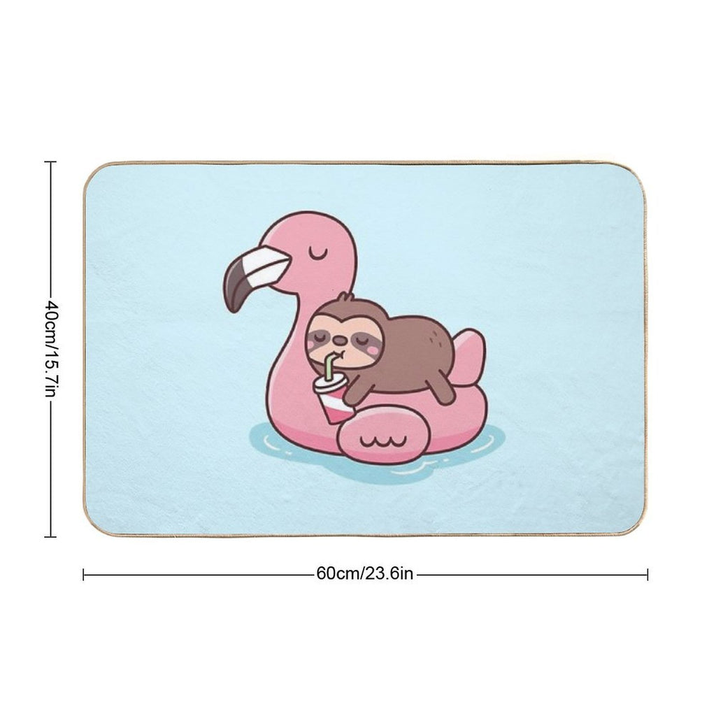Cute Little Sloth Chilling On Flamingo Pool Float  Long-Lasting Bath Mat
