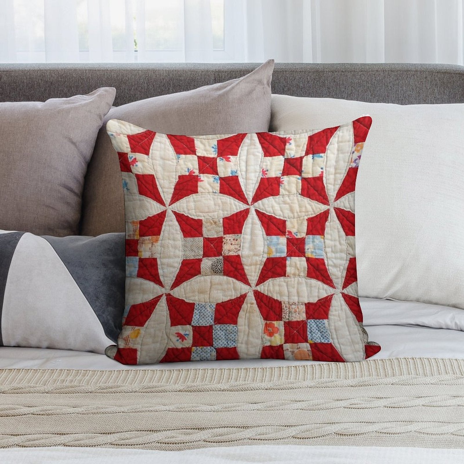 Vintage Patchwork Quilt in Red And White Soft Anti-Pilling Throw Pillow