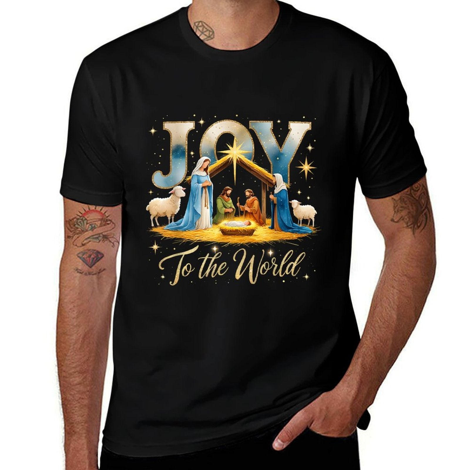 Joy to The World Nativity Scene Christmas  Trendy Pattern T-Shirt