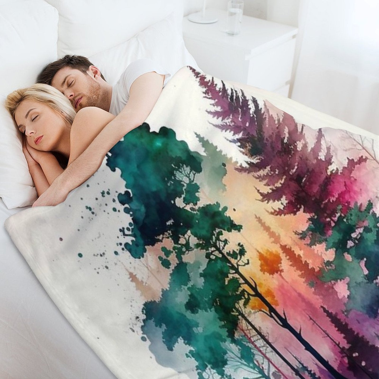 Colorful Forest Watercolor Painting Sustainable Throw Blanket