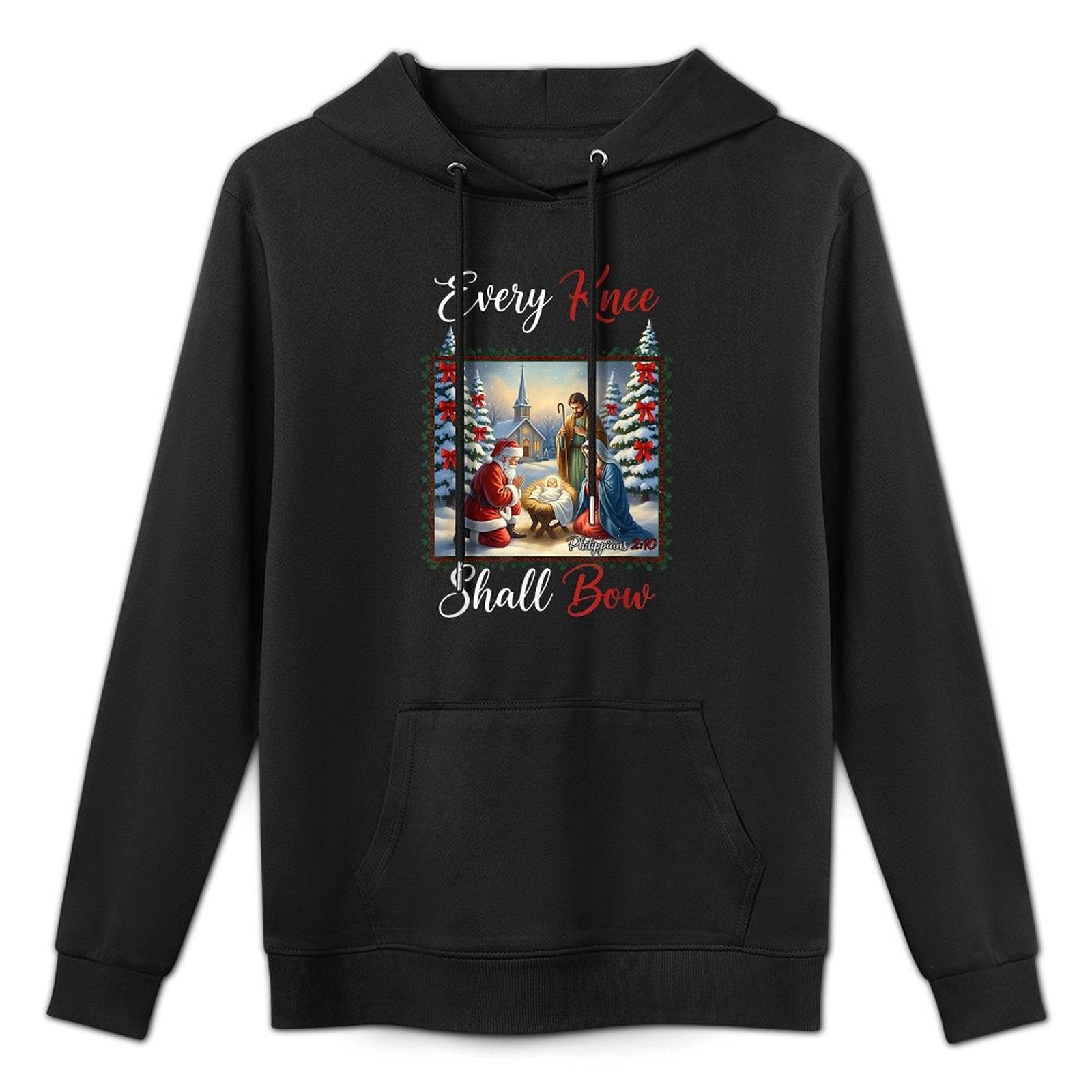 Every Knee Shall Bow Santa Christmas Nativity Scene Xmas Shape Retention Hoodie