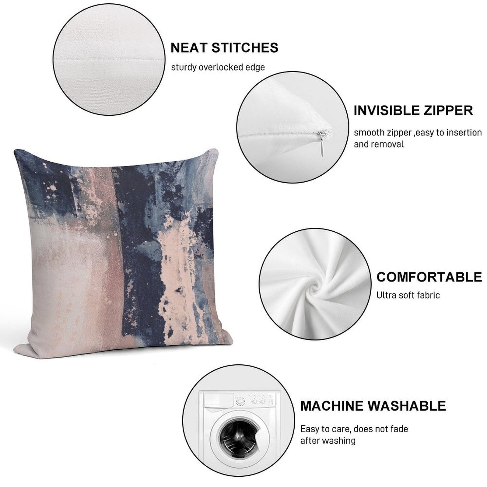 Horizontal Pink Navy Soft Hidden Zipper Throw Pillow