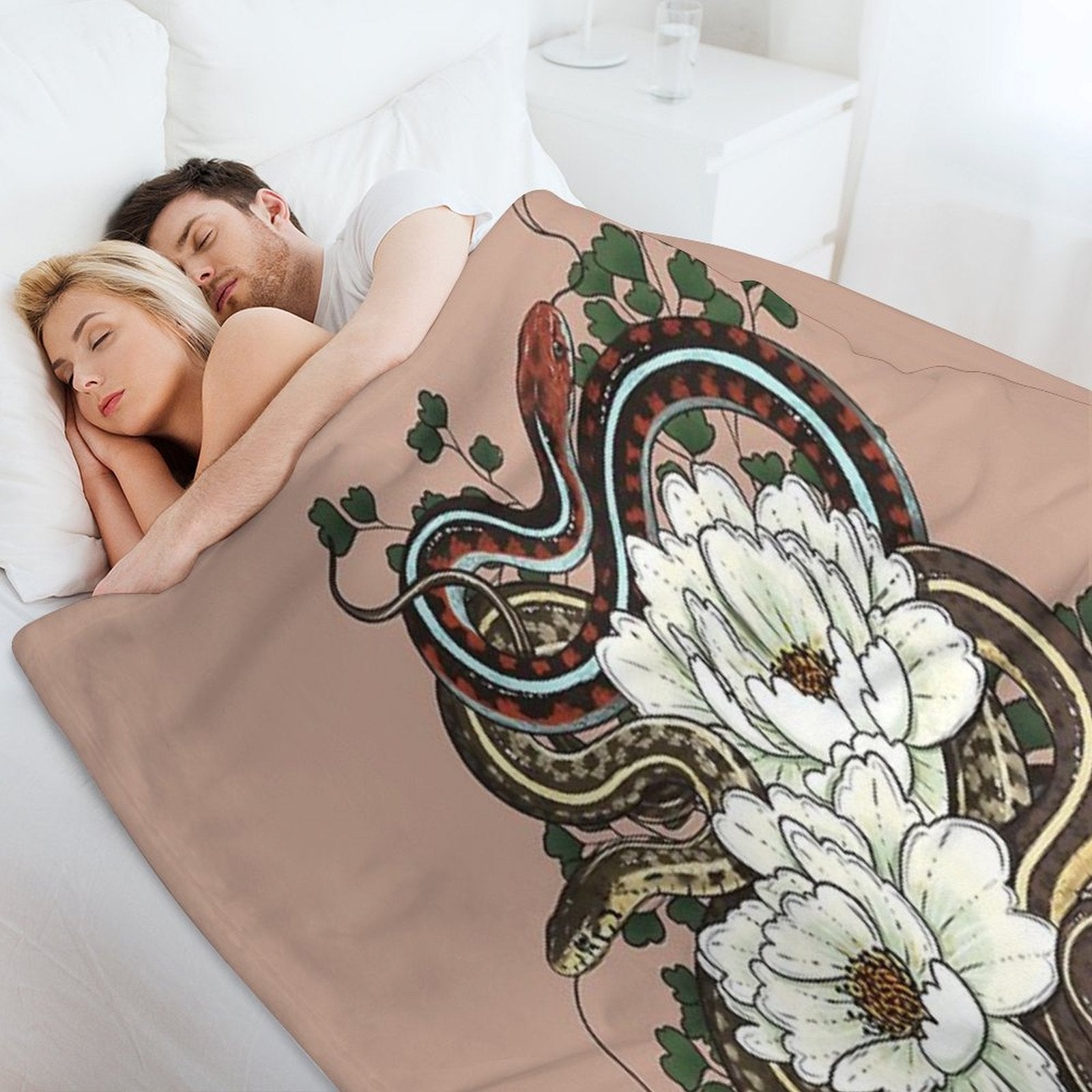 Garter Snakes with White Peonies Premium Throw Blanket
