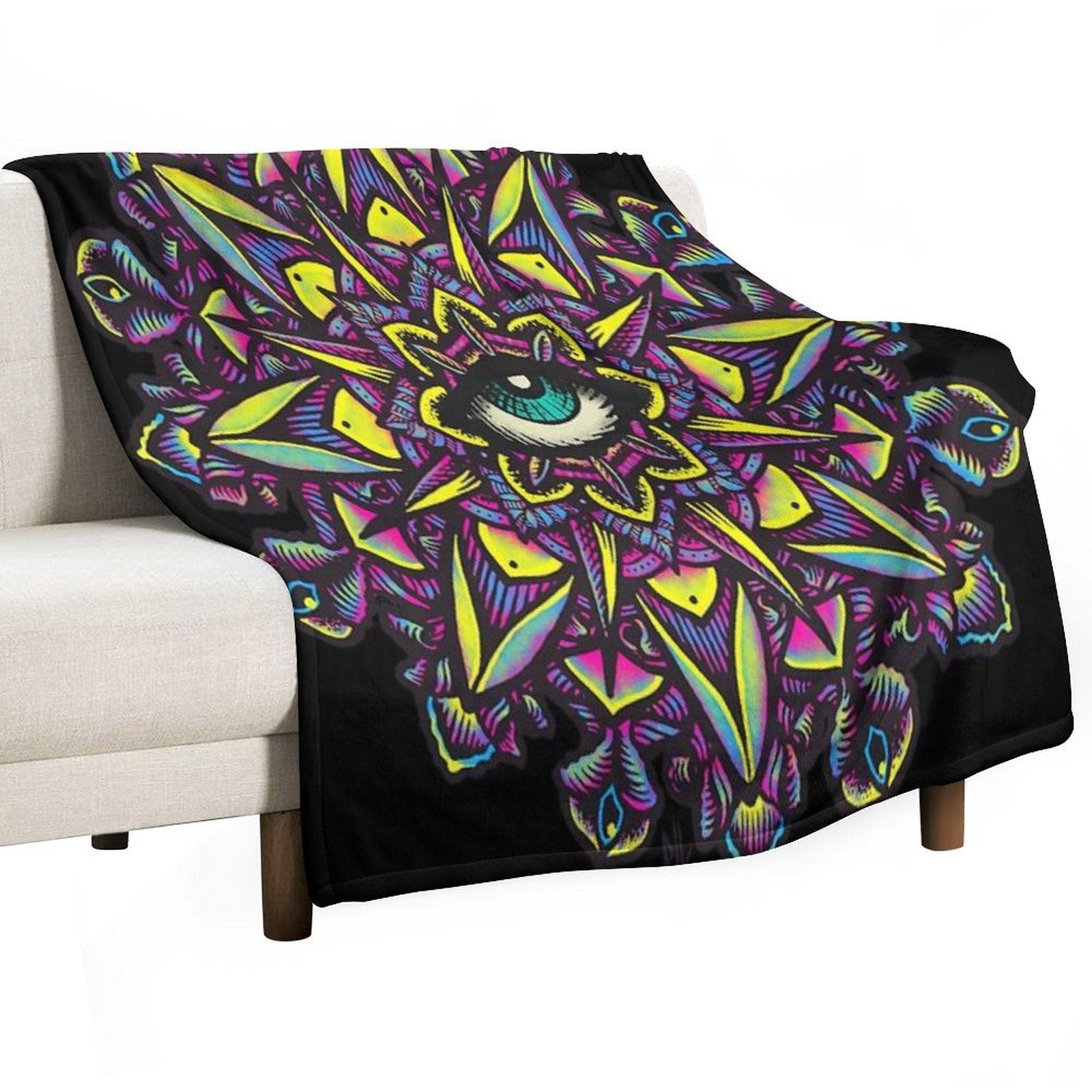 Dharma Wheel Neon Mandala Eye Machine-washable Throw Blanket