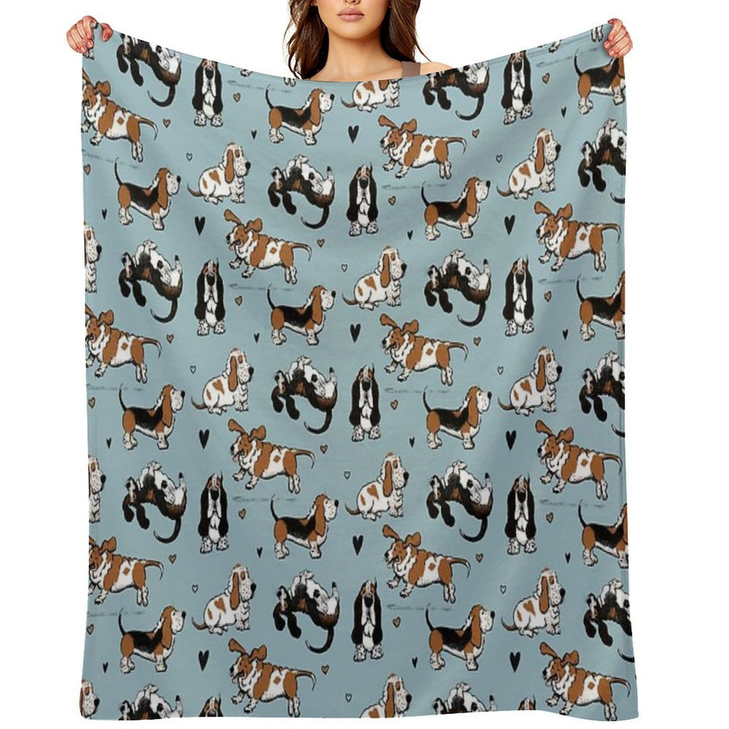 Basset Buddies on Blue Machine-washable Throw Blanket