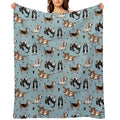 Basset Buddies on Blue Machine-washable Throw Blanket