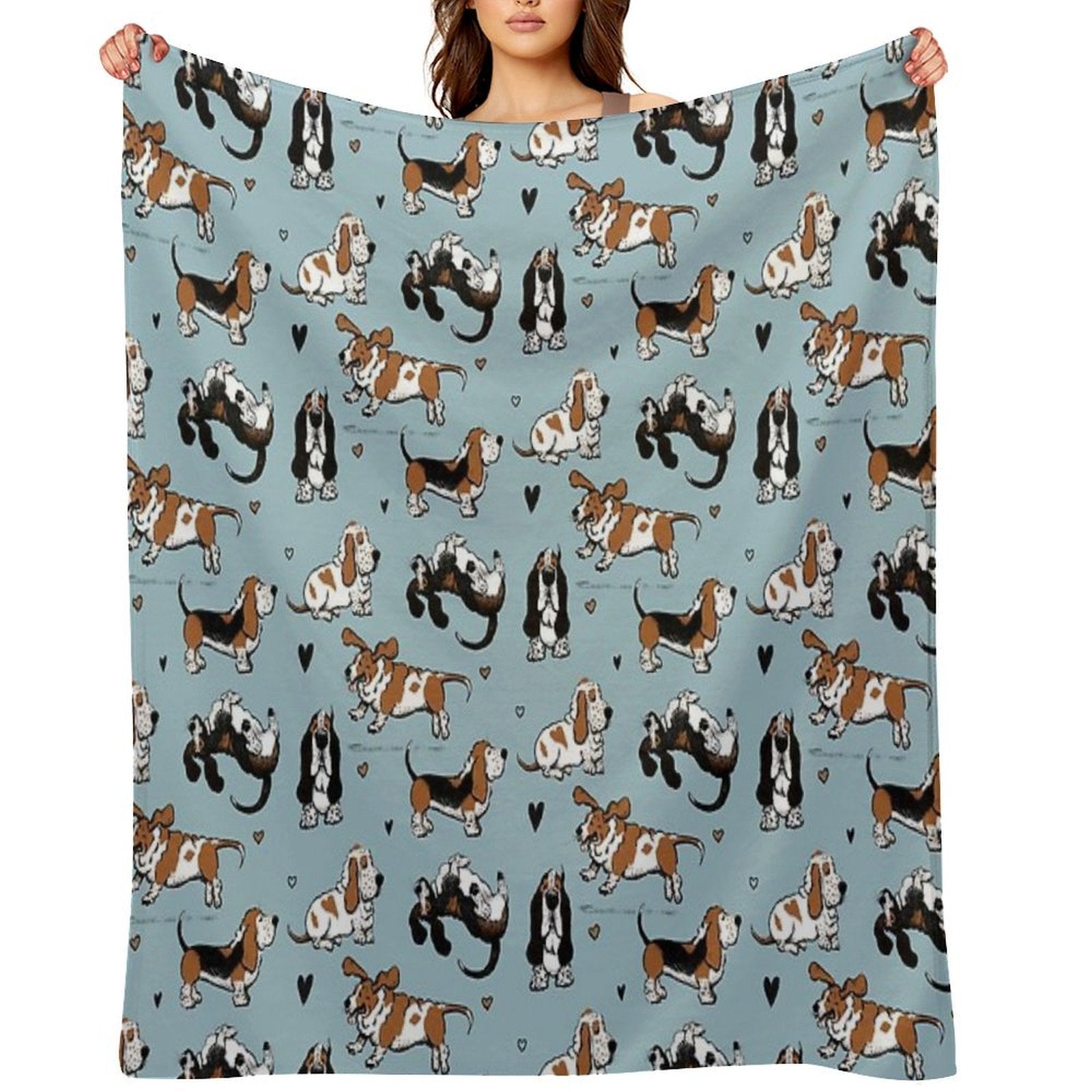 Basset Buddies on Blue Machine-washable Throw Blanket