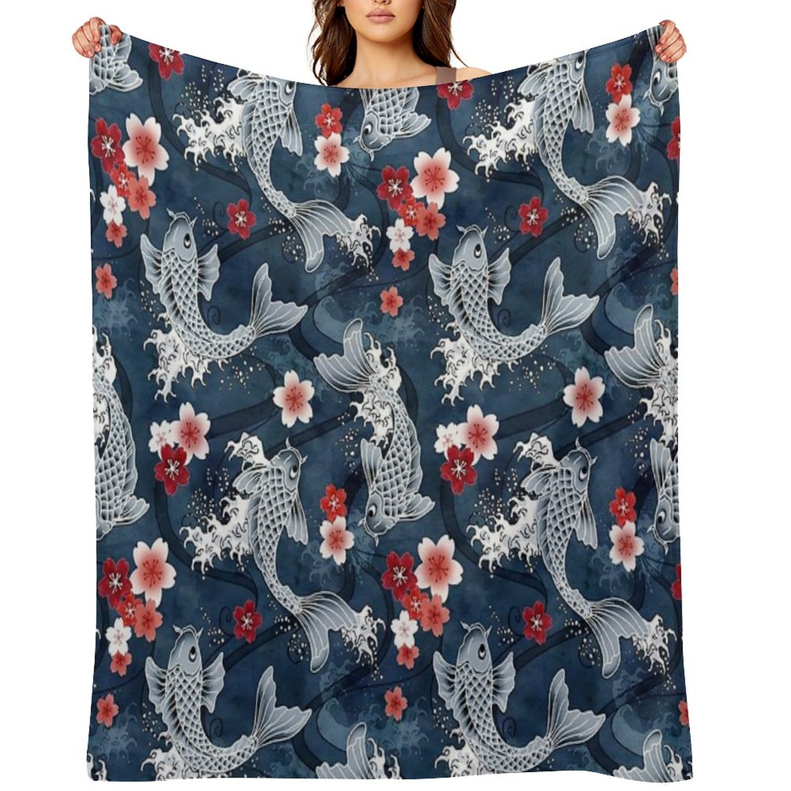 Koi Sakura Blossom in Blue Anti-pilling Throw Blanket