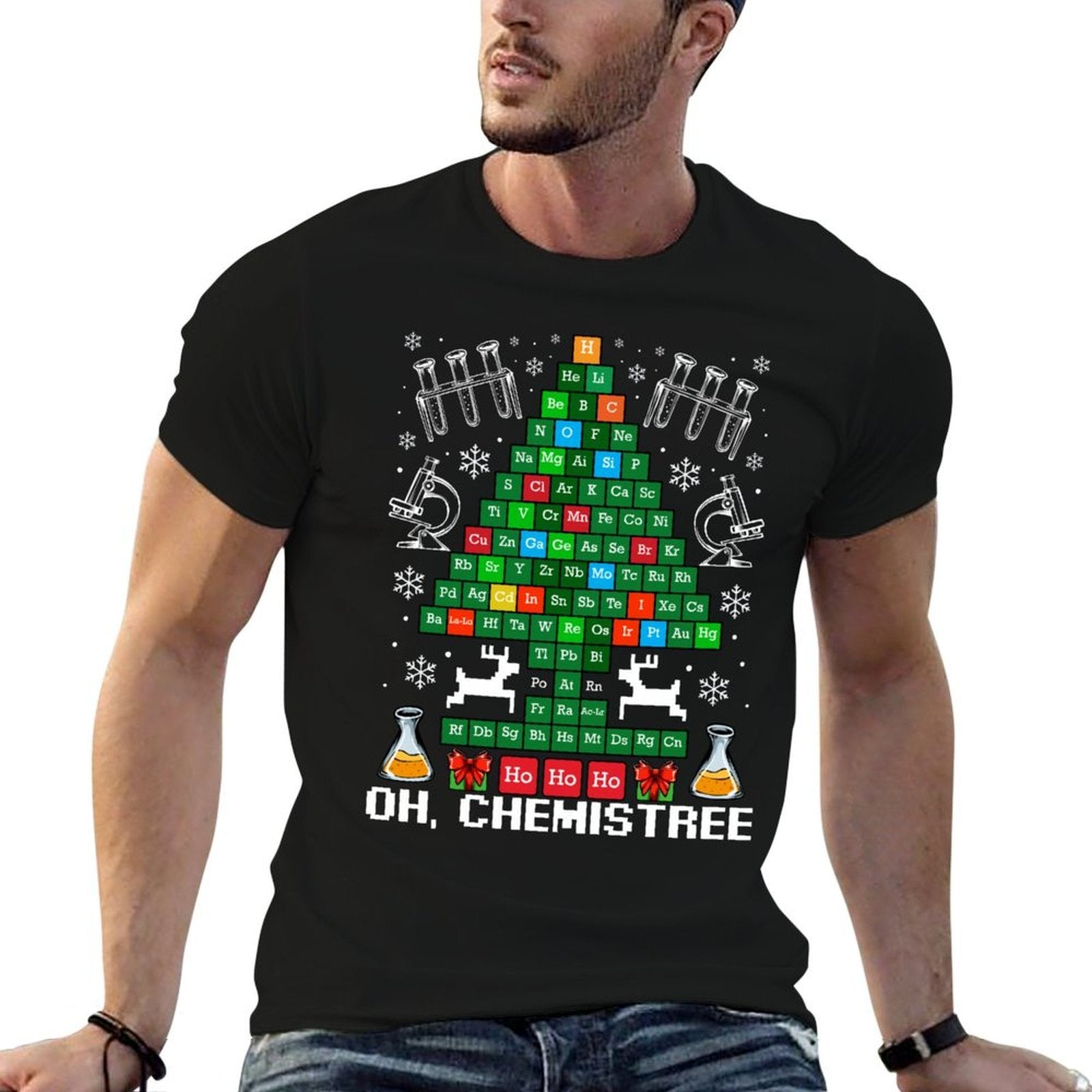 Oh Chemistree Christmas Tree Chemistry Science Funny  Ribbed Collar T-Shirt