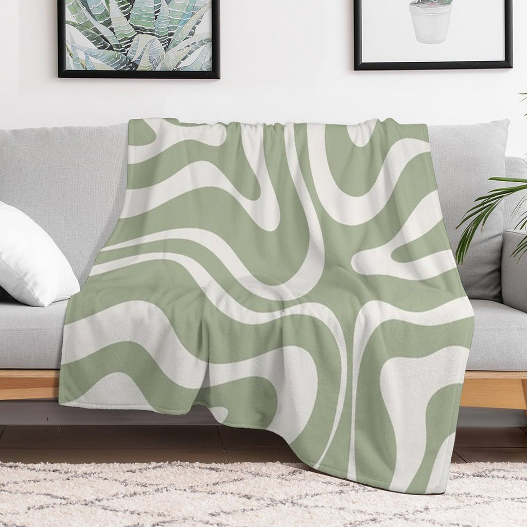 Liquid Swirl Abstract Pattern in Sage Green And Nearly White Plush Throw Blanket