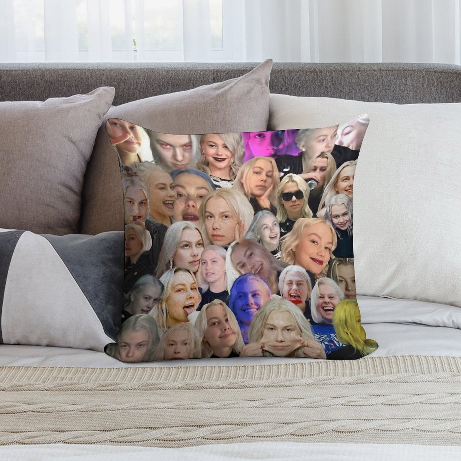 Phoebe Bridgers Face Collage Soft Easy Maintenance Throw Pillow