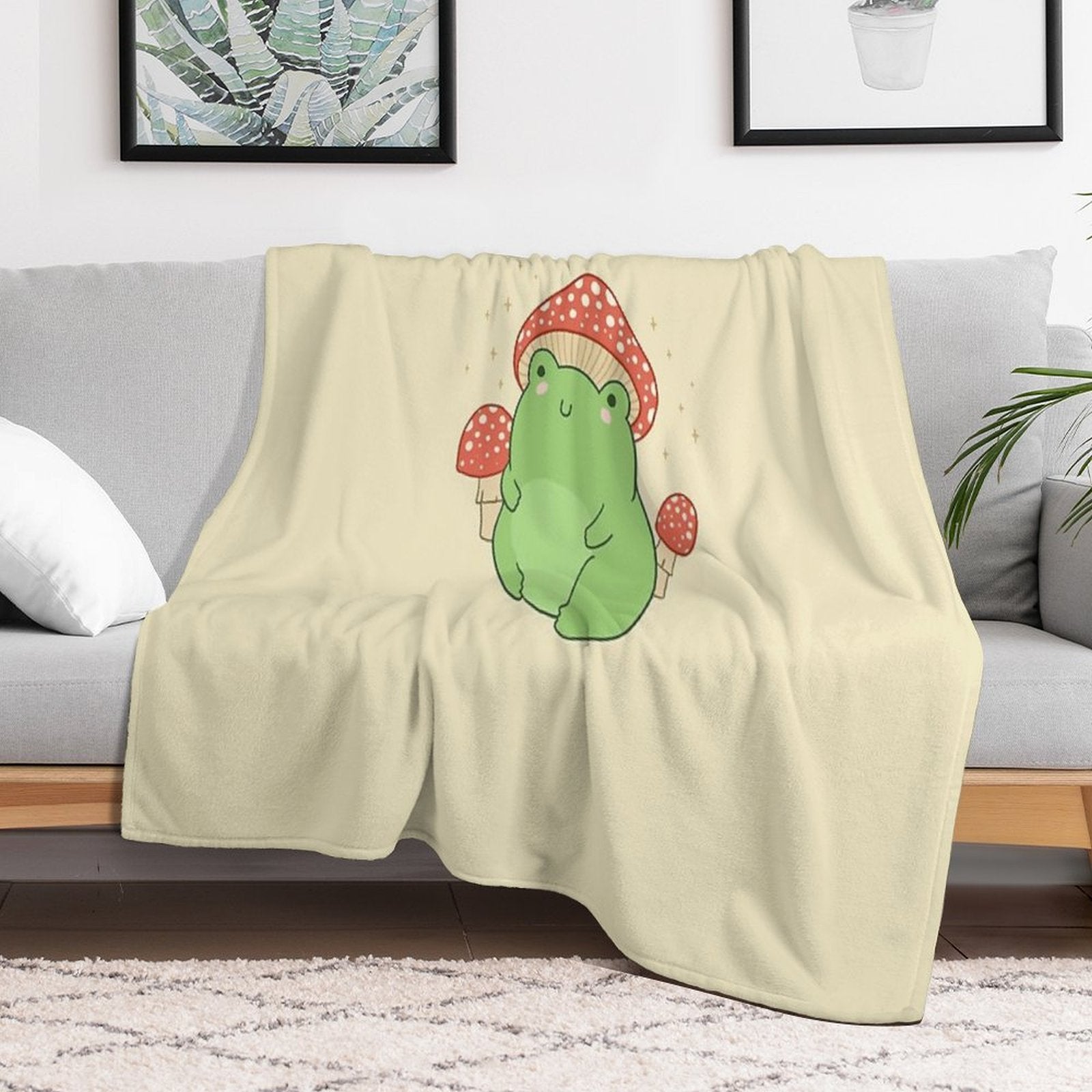 Kawaii Frog with Mushroom Hat Cottagecore Aesthetic Froggy, Chubby Toad in Forest Themed Fantasy Toadstools Plush Throw Blanket