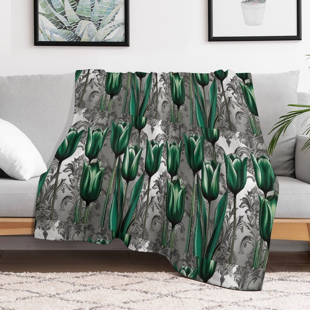 Emerald Green Tulips with Silver Baroque Compact Throw Blanket