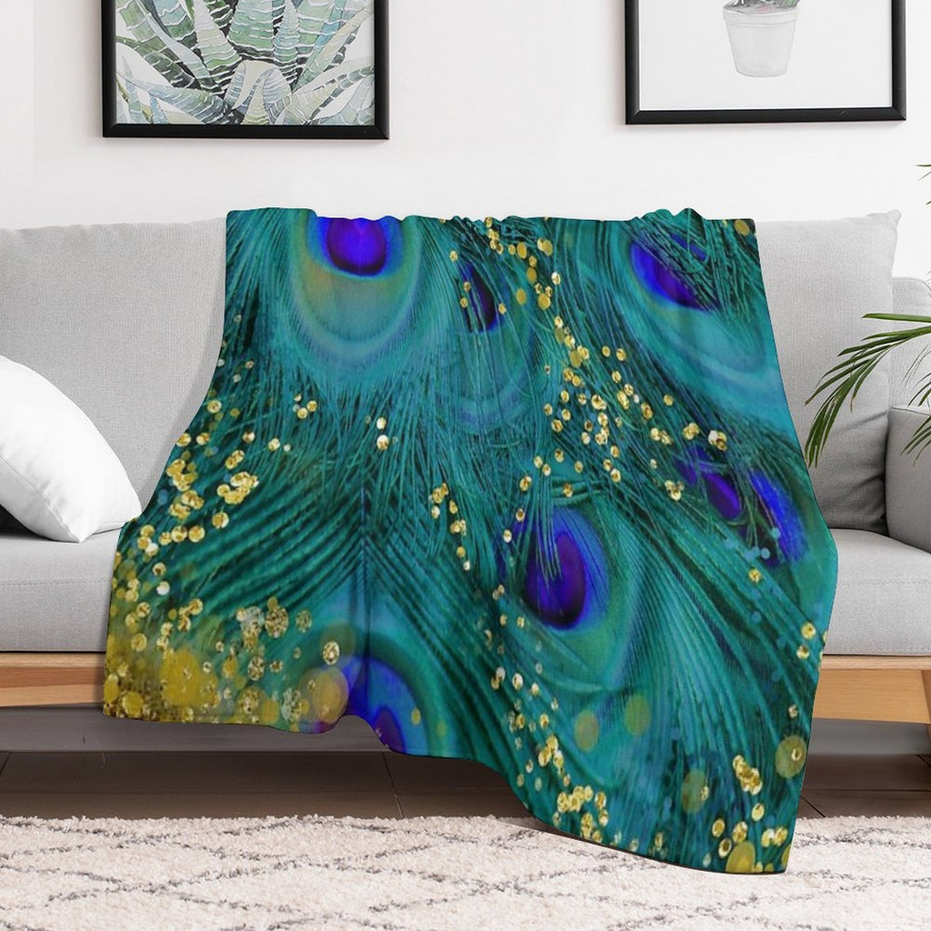 Dreamy Peacock Feathers, Teal And Purple, Glimmering Gold Shrink-resistant Throw Blanket