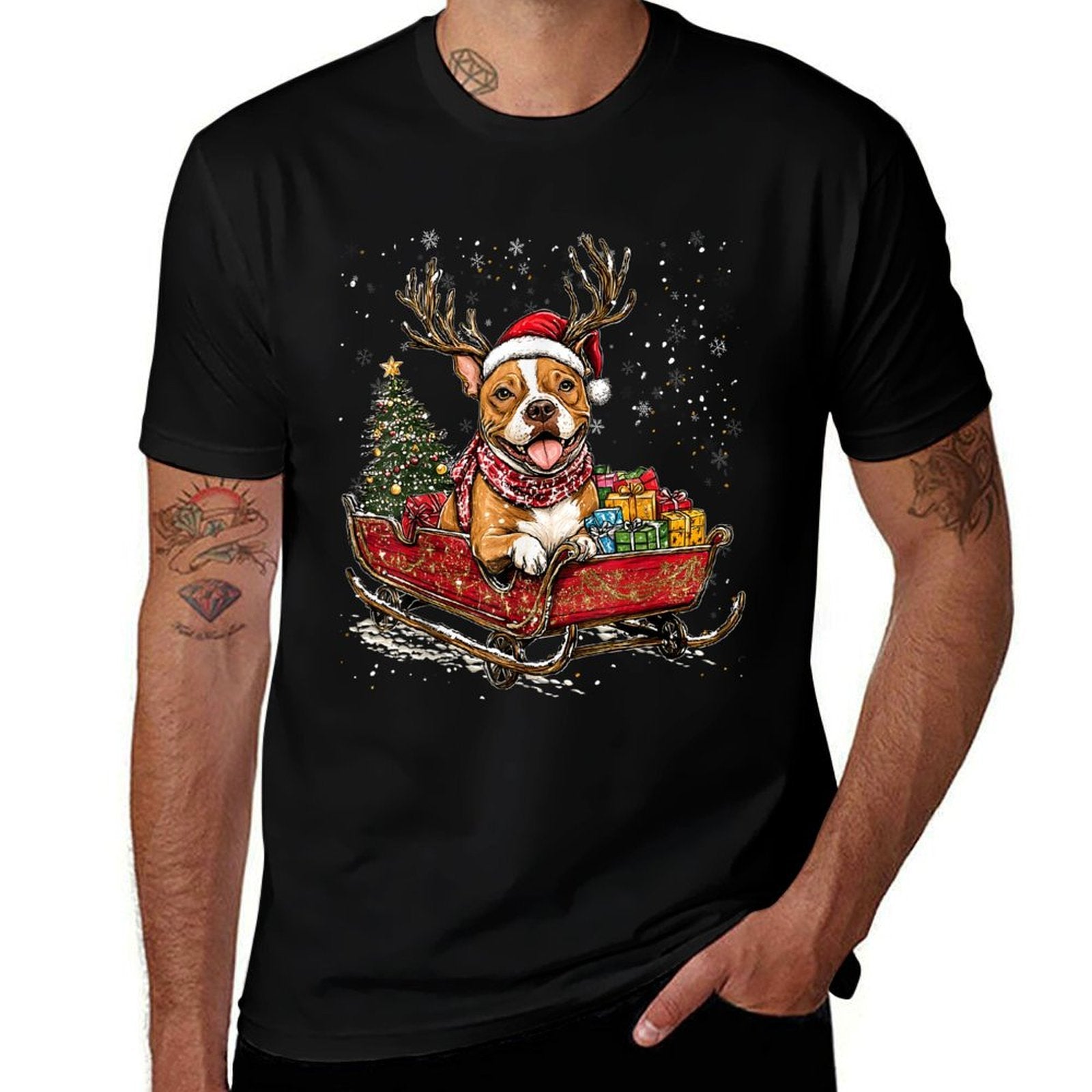 Santa Pitbull Reindeer Light Christmas  Trendy Pattern T-Shirt