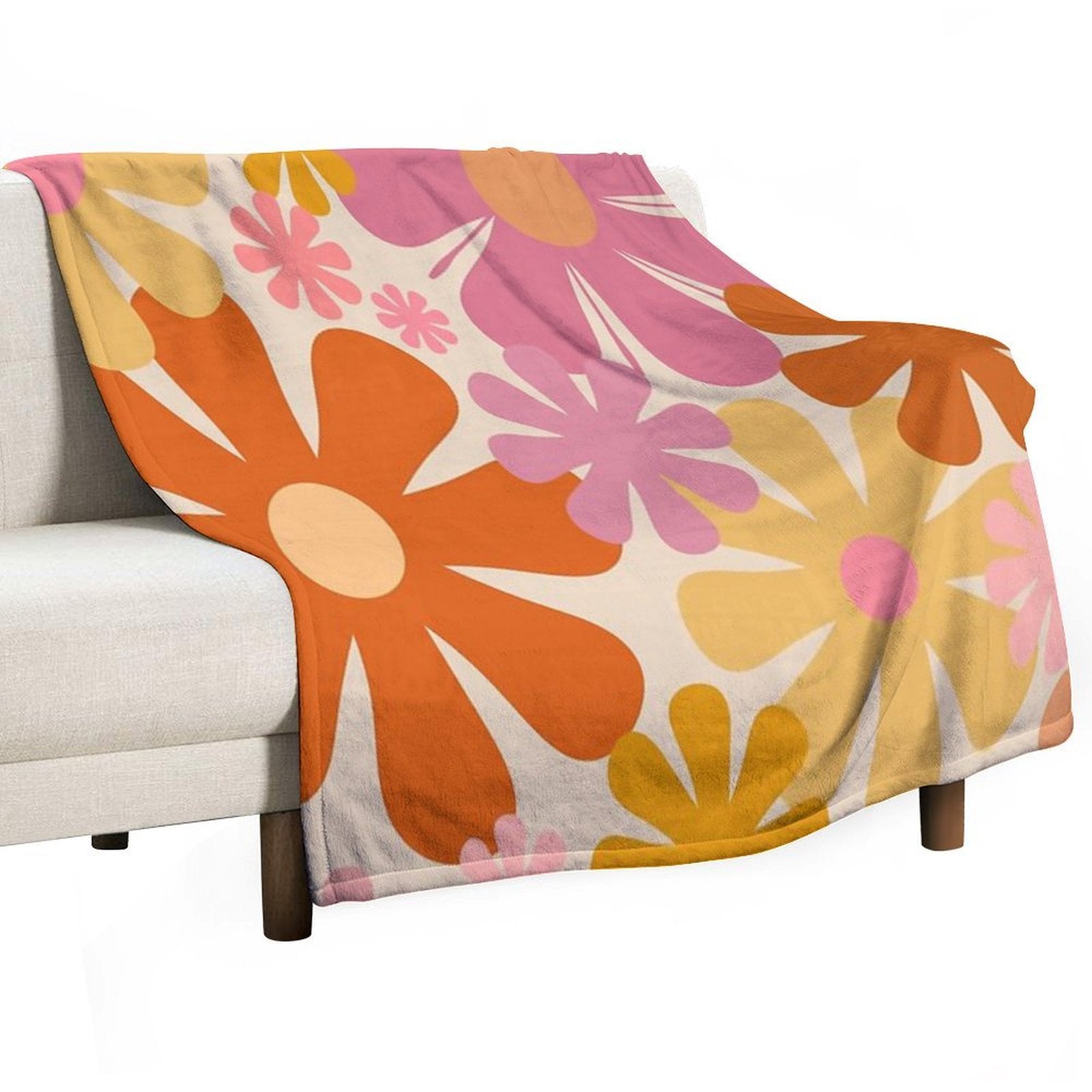 Retro 60s 70s Flowers - Vintage Style Floral Pattern in Thulian Pink, Orange, Mustard, And Cream Gift-ready Throw Blanket