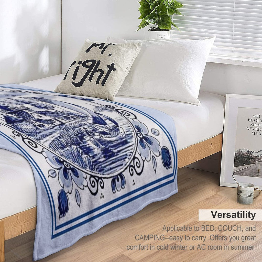 DUTCH BLUE DELFT Vintage Windmill Print Compact Throw Blanket