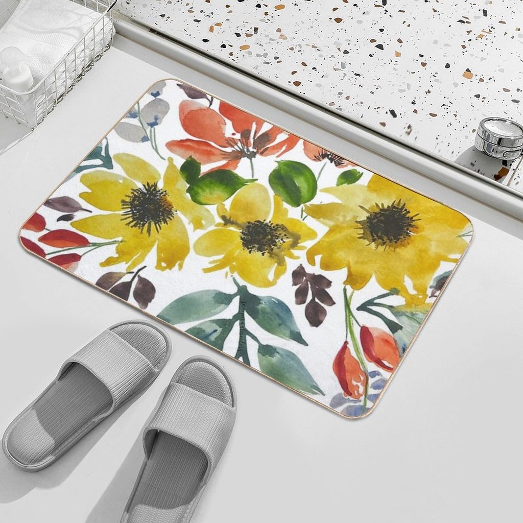 Watercolor Flowers Sunny Yellow Flowers  Dirt-Trapping Bath Mat