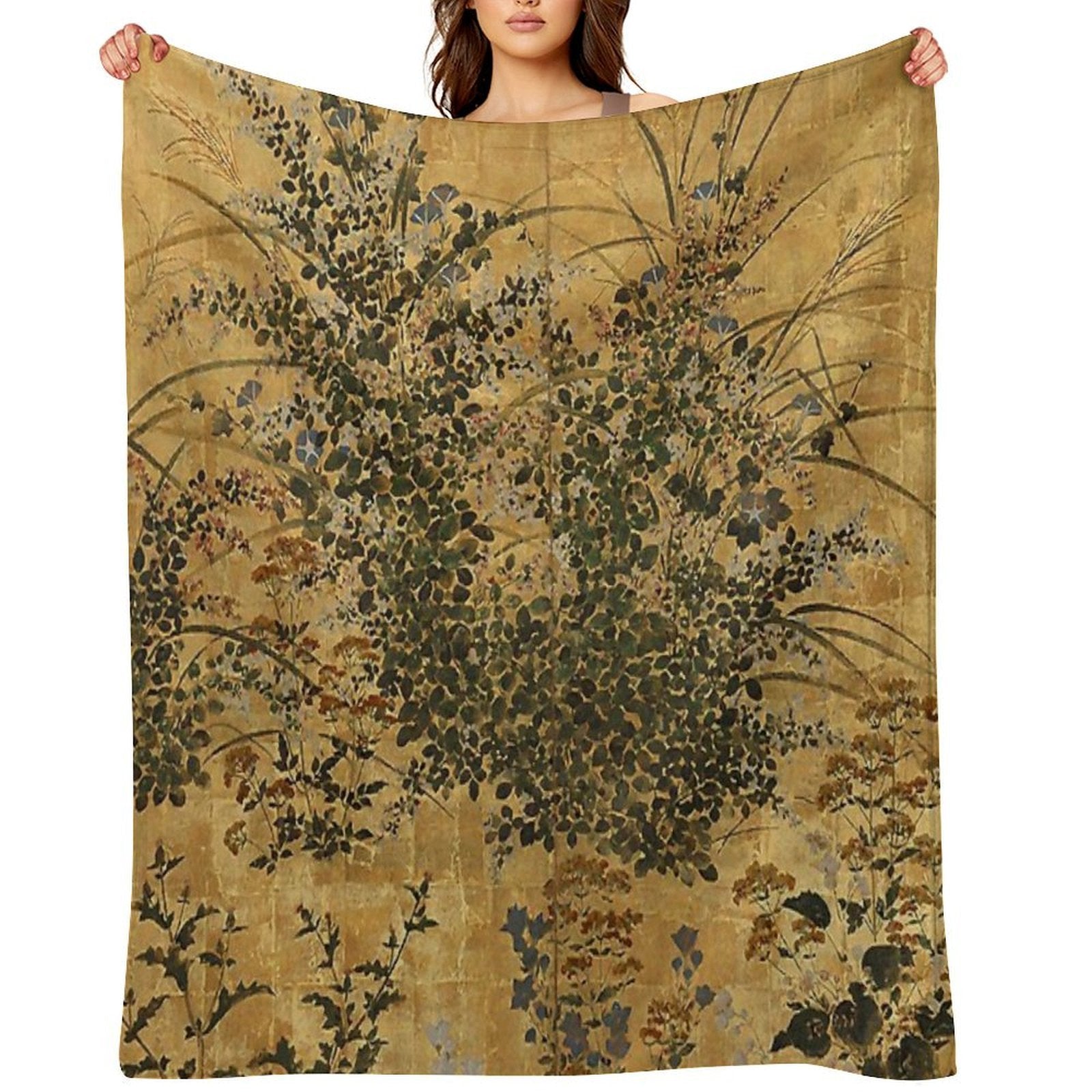 Vintage Japanese Floral Gold Leaf Screen With Morning Glory Multi-functional Throw Blanket