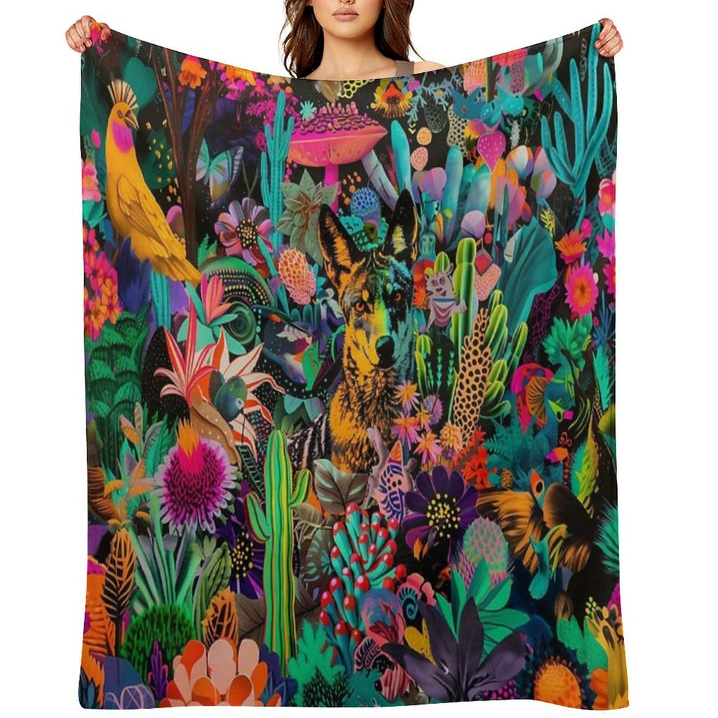 Vibrant Coyote Collage Art in A Botanical Wonderland Versatility Throw Blanket