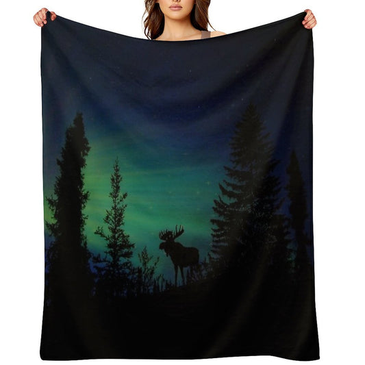 Moose with Northern Lights Shrink-resistant Throw Blanket