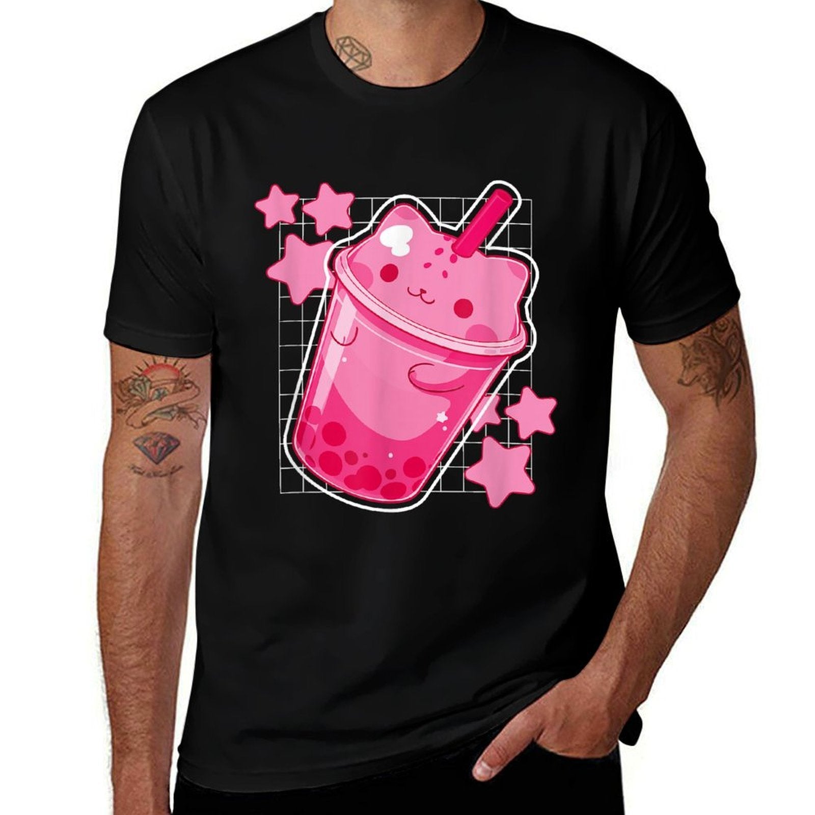 Kawaii Cat Boba Tea Funny Japanese Cat Pink Graphic  Slim-fit Cut T-Shirt