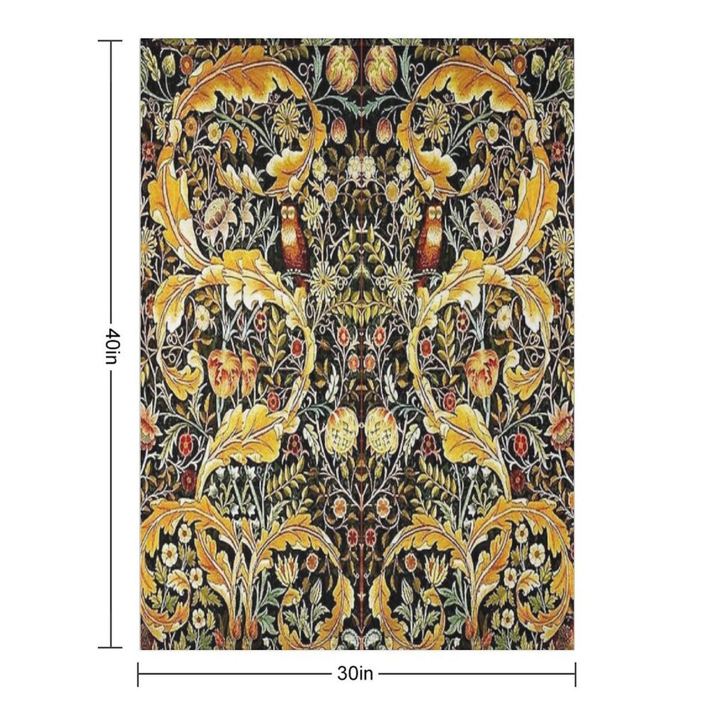 OWL ON ACANTHUS LEAVES AND FLOWERS Yellow Brown Floral Premium Throw Blanket