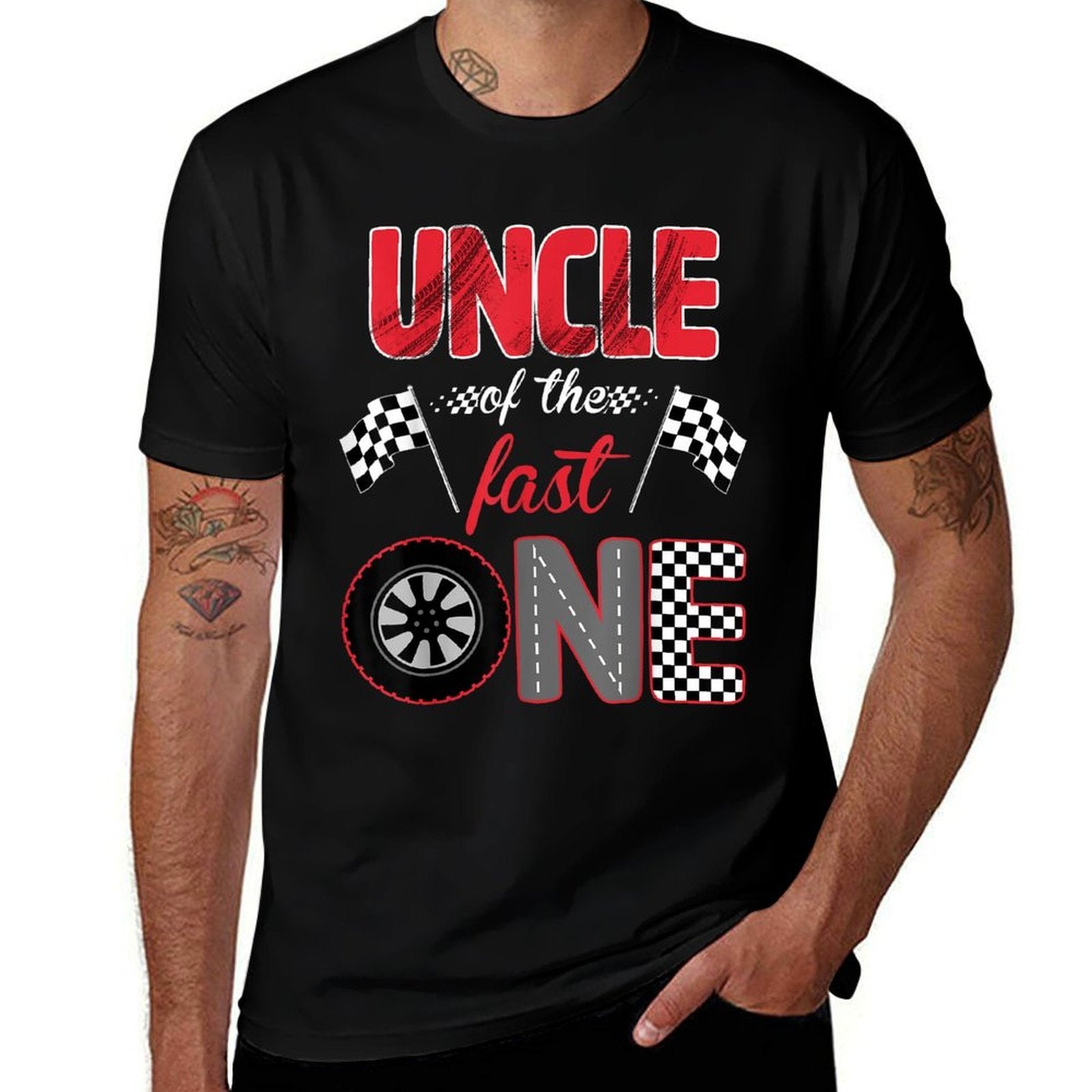 Uncle Of The Fast One Birthday 1st Race Car Family  Heathered Texture T-Shirt