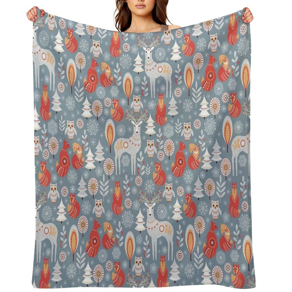 Seamless Pattern with Winter Forest, Deer, Owl And Fox. The Scandinavian Style. Gift-ready Throw Blanket