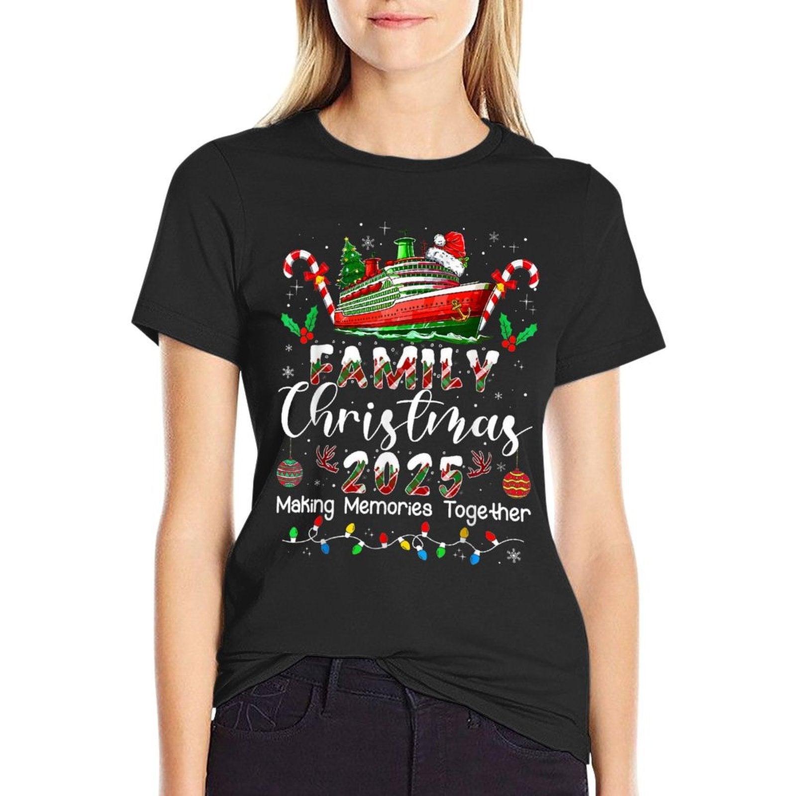 Family Christmas 2025 Cruise Matching Santa Xmas Pajamas Pjs  Rolled Sleeves T-Shirt