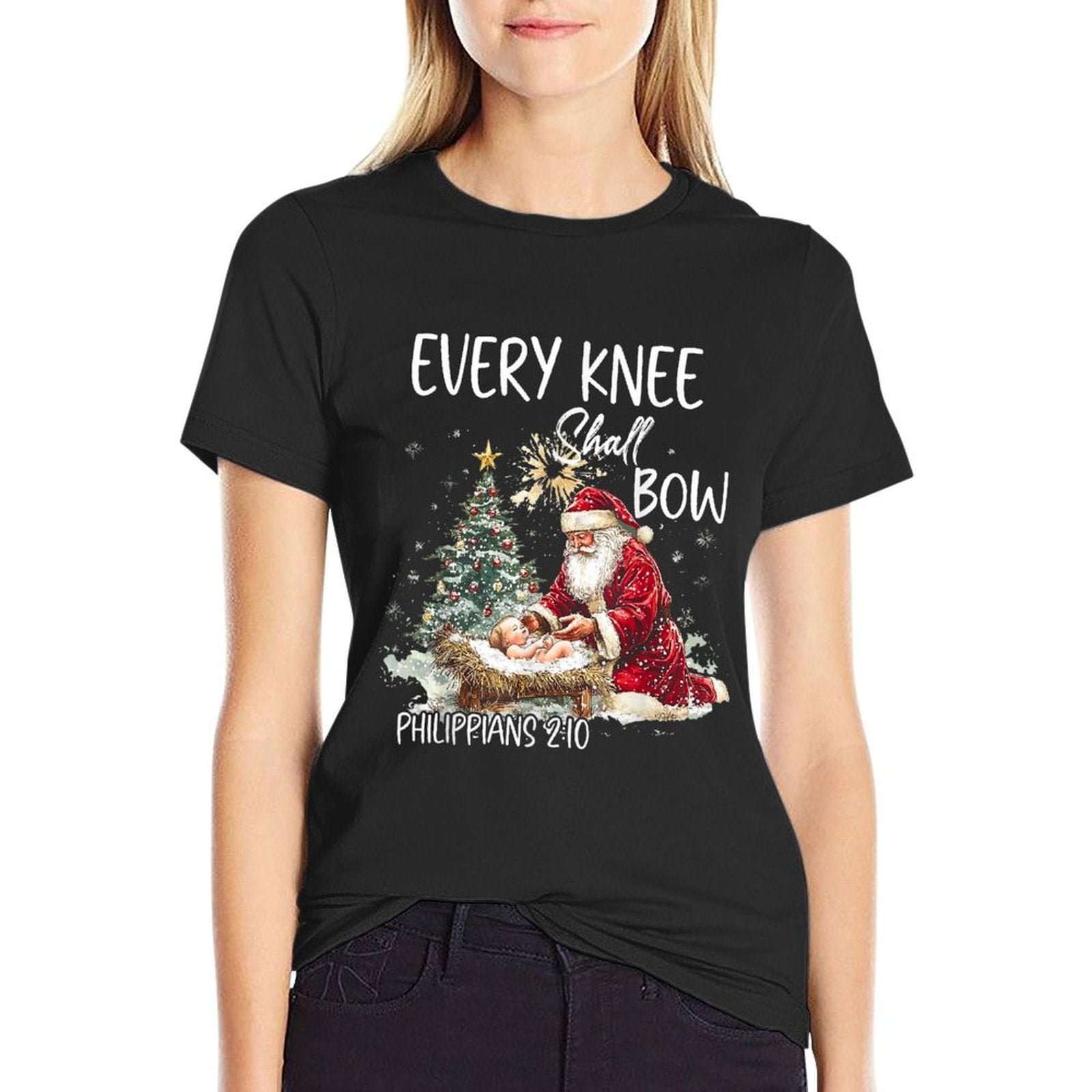 Every Knee Shall Bow Jesus Christian Christmas Santa Pajamas  Cotton T-Shirt