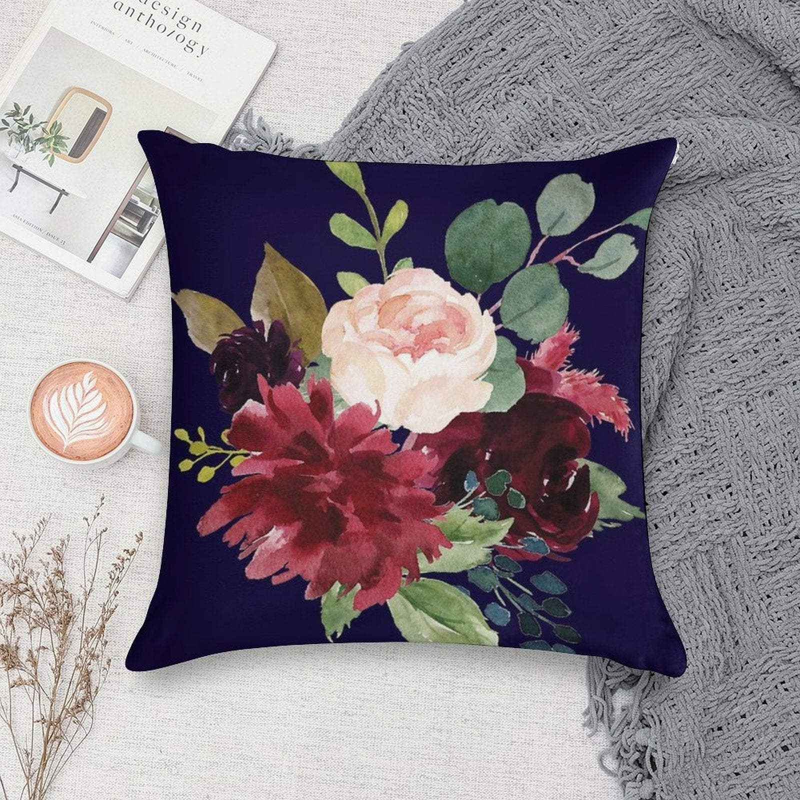 Navy, Burgundy And Blush Floral Art with Eucalyptus Soft Multiple Sizes Throw Pillow