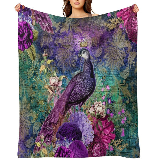 Elegant Vintage Purple Teal Peacocks Velvety-soft Throw Blanket