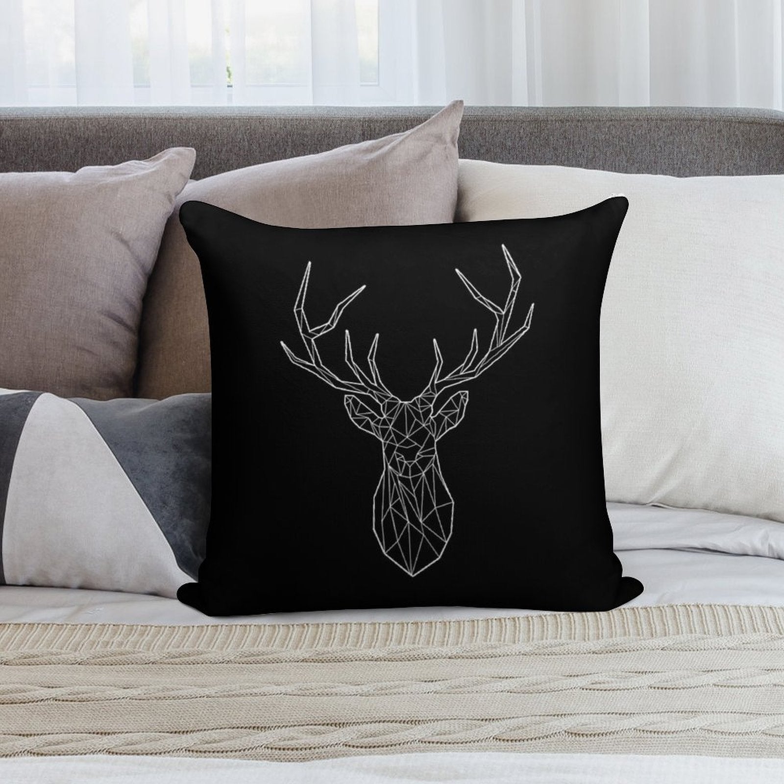 Geometric Stag - BLACK Soft Fade-Resistant Throw Pillow