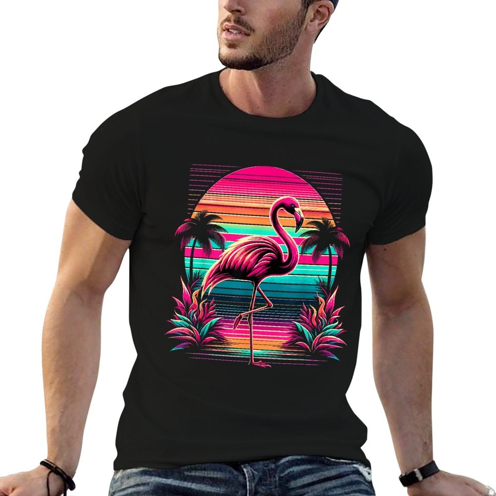 Pink Flamingo Beach Summer Vibes Tree Palm Tropical Summer  Easy-care T-Shirt