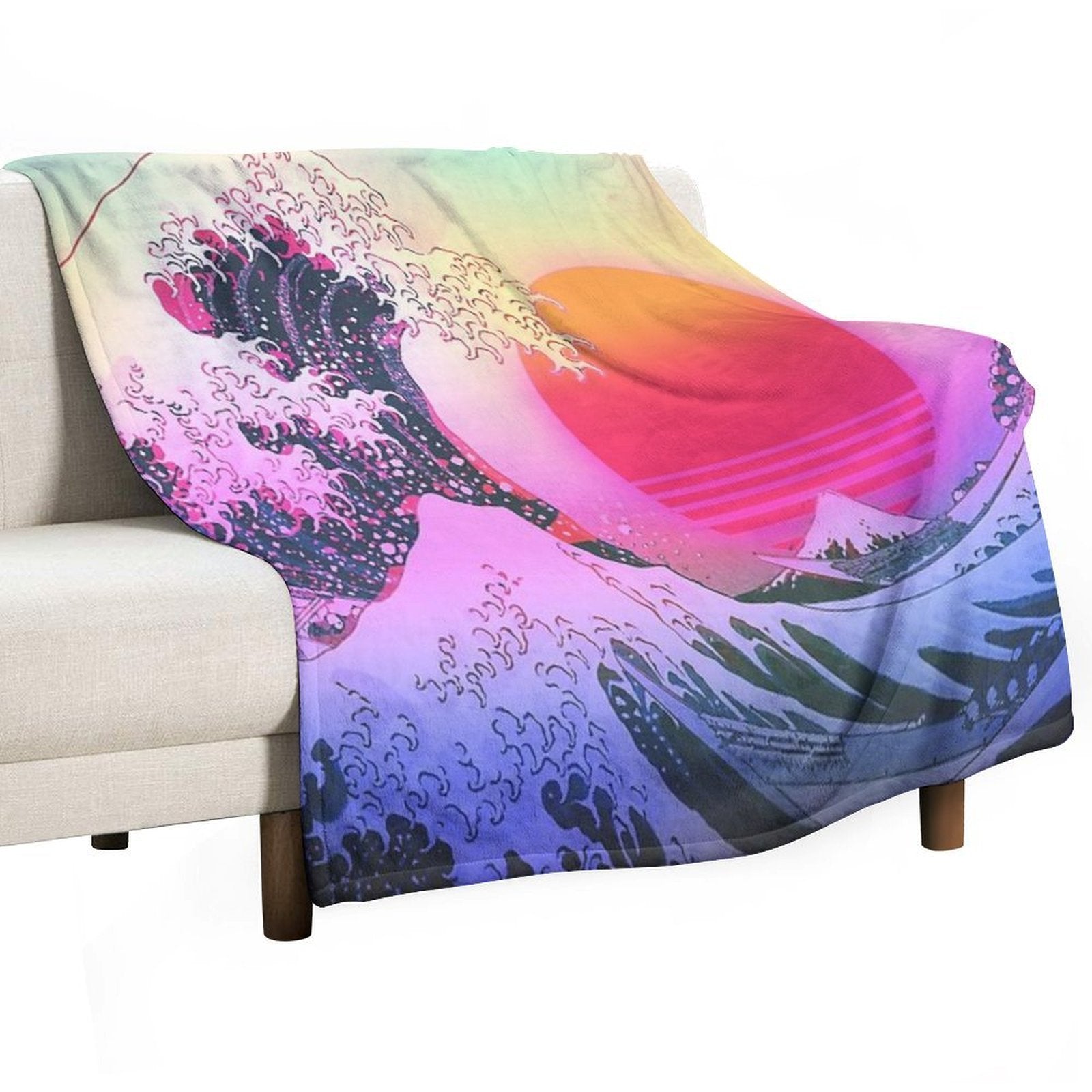 Great Wave Off Kanagawa Vaporwave Retro Aesthetic Travel-friendly Throw Blanket
