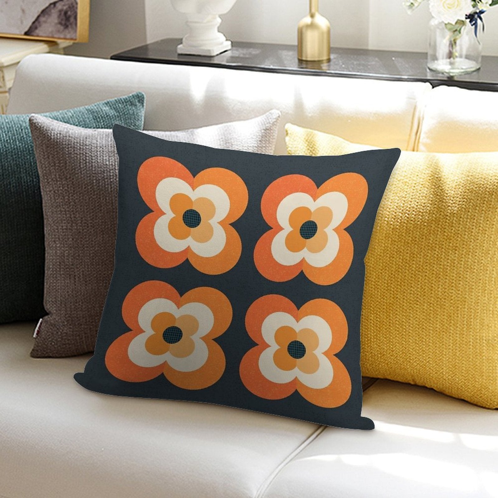 Retro Flowers - Orange And Charcoal Soft Easy Maintenance Throw Pillow